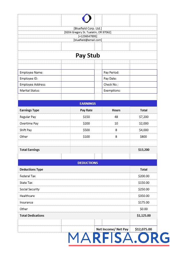 Downloadable Bluefield Corp. Ltd pay stub example